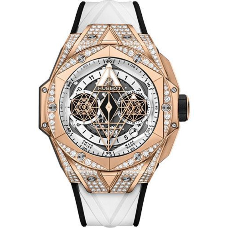 Hublot Big Bang Sang Bleu II King Gold White Pave Watch – 45 mm – White Skeleton Dial – White and Black Rubber Strap-418.OX.2001.RX.1604.MXM20