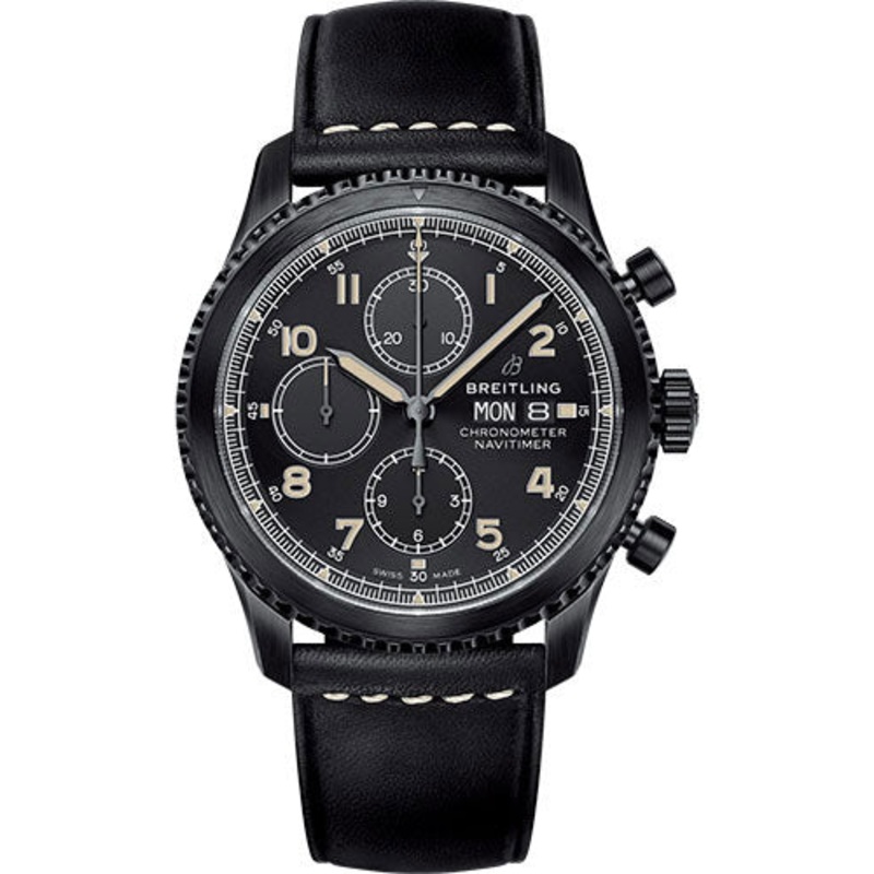 Breitling Aviator 8 Chronograph 43 Watch – Black Steel Case – Black Dial – Black Leather Strap – M13314101B1X1