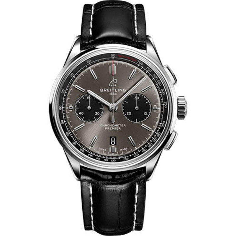 Breitling Premier B01 Chronograph 42 Watch – Steel – Blackeye Gray Dial – Black Alligator Strap – Tang Buckle – AB0118221B1P2
