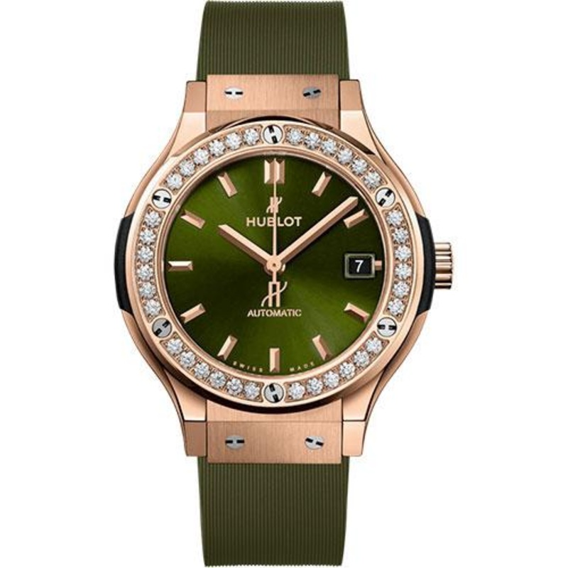 Hublot Classic Fusion King Gold Green Diamonds Watch – 38 mm – Green Dial – Green Lined Rubber Strap-565.OX.8980.RX.1204