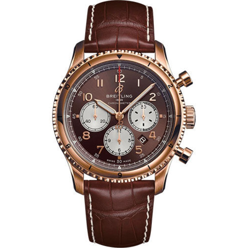 Breitling Aviator 8 B01 Chronograph 43 Watch – 18K Red Gold – Bronze Dial – Brown Alligator Leather Strap – Tang Buckle – RB0119131Q1P1